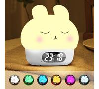 Cuteefun Reveil Lumineux, Veilleuse Lapin pour Chambre d'enfant | Horloge Numérique Rechargeable, Double Alarme, Snooze, 9 Modes de Couleur, Lampe de Chevet Enfant pour la Décoration