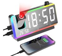 Cuteefun Reveil Projecteur Plafond, Réveil avec Grand Écran LED de 7 Pouces, Veilleuse RGB à 8 Modes, Projecteur à 180°, Double Alarme, Snooze, Double Port USB, TempéRature et Humidité, Noir