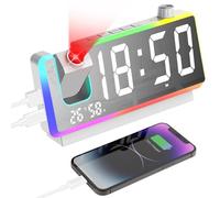 Cuteefun Reveil Projecteur Plafond, Réveil avec Grand Écran LED de 7 Pouces, Veilleuse RGB à 8 Modes, Projecteur à 180°, Double Alarme, Snooze, Double Port USB, TempéRature et Humidité, Blanc