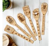 CUTHOLLOW Lot de 6 Spatule en Bois - Thème Chat et fleurs - Spatule Bois Cuisine, Originaux Ustensiles de Cuisine Bois pour Femme, Anniversaire, Pendaison de Crémaillère