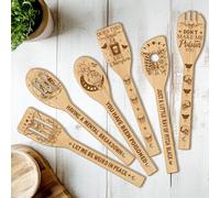 CUTHOLLOW Lot de 6 Spatule en Bois - Thème Crâne et lune - Spatule Bois Cuisine, Originaux Ustensiles de Cuisine en Bois pour Femme, Anniversaire, Pendaison de Crémaillère