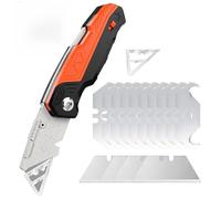 Cutter Professionnel Pliable avec 14 Lames de Rechange, Changement Rapide de Lame, Manche en Aluminium, Couteau Utilitaire pour Moquette, Carton et Matériaux Fins