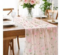Cuxawamiyo Chemin de Table Rose brodé, 70 x 280 cm Tulle Chemin de Table Fleurs, Nappe de Mariage, Chemin de Table Moderne Romantique