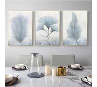 CVMINY 3 Images Set-Affiche Nordique Abstraite en Toile Bleu Clair Avec Feuille de Plante et Plumes Blanches Style Nordique Décoration Murale Moderne pour Chambre Ou Salon-60x70cm (sans cadre)