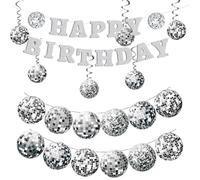 CXNXFD Guirlande de décoration d'anniversaire disco, 1 bannière boule disco, 1 bannière Happy Birthday argentée et 6 boules à facettes suspendues, spirales à paillettes pour décoration d'anniversaire