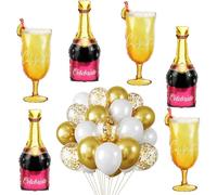 CXRYLZ-FUR 6 Pièces Champagne Ballons Bouteille Aluminium XXL et 30 Pièces Doré Latex Ballons, Géant Verre Forme Ballon pour Anniversaire, Mariage, Festival, Fête