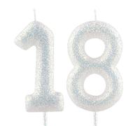 Cxryrzhe Bougie d'anniversaire numéro 18 blanc iridescent 18e anniversaire bougies à paillettes décorations de gâteau pour fêtes célébrations fournitures décoratives