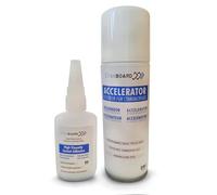Cyanboard, Kit colle cyanoacrylate haute viscosité (50grs) + activateur accélérateur couvre pores (200 ml). Colle instantanée pour matériaux poreux : bois, caoutchouc, cuir.
