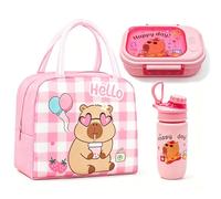 CYGMRFH Capybara Lunchbox Set für Kinder und Erwachsene 800ml Brotdose mit Isolierter Thermotasche 600ml Auslaufsichere Trinkflasche BPA Frei Wiederverwendbar für Schule Büro Picknick Reisen Rosa