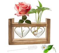 Cyiecweu Vase à Fleurs Vintage Coeur, Plante Propagation Station pour Salon, Hydroponique Vase en Verre Tubes à essai avec Support en Bois, Cadeaux pour Anniversaire Fête des mères Saint Valentin