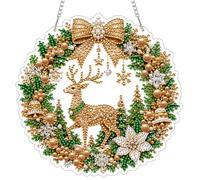 Cymwer DIY Peinture diamant Couronne de Noël à suspendre Cerf doré 20 x 20 | Conception double face avant strass arrière impression HD panneau PET transparent chaîne de suspension en métal incluse kit