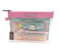 CYP BRANDS - Molang, Ensemble de papeterie, Accessoires de papeterie, Pinces, Trousse, Surligneurs, Stylo effaçable, Fleur, Rose, Produit officiel
