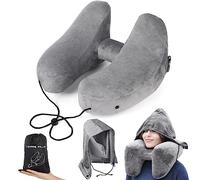 Czemo Coussin de Voyage, Oreiller de Voyage Gonflable Rapide Coussin Avion avec Capuche, Adulte Travel Pillow pour Voyages en Voiture, Avion, Train, Gris