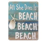 CZMDKEXM All She Does Is Beach Metal Sign Funny Quote Vintage Tin Wall-Art Coastal Decor for House Living Room Gift 8 X 12 in