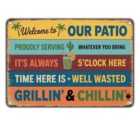 CZMDKEXM Rustic Metal Tin Sign Welcome To Our Patio Barbecue And Chill Vintage Wall Hanging For Yard Garden Home Outdoor Room 8 X 12 inch