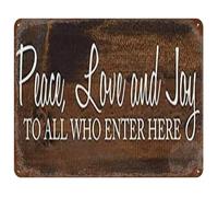 CZMDKEXM Welcoming Sign Peace Love and Joy to All Who Enter Here Vintage Metal Tin Rustic Wall Decor for Cafe Home or Kitchen 8 X 12 inch