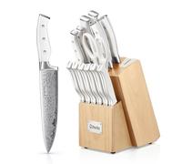 D.Perlla Couteau Cuisine, Bloc de Couteaux 14 pièces avec Affûteur Intégré, Bloc de Bois Beige, Couteaux Ciseaux, Acier Inoxydable, Manche Blanc