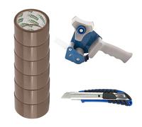 D.RECT Derouleur pour Ruban Adhesif avec 6 Rouleaux De Ruban Marron 50m x 48mm - Inclus Cutter à Cartouche 18 mm avec Poignée Paoutchoutée
