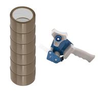 D.RECT Dérouleur pour Ruban Adhésif avec 6 Rouleaux de Ruban Marron HOT MELT 50m x 48mm, Dévidoir pour Ruban d'Emballage jusqu'à 50mm de Large, Ruban pour Emballer Paquets et Boîtes d'Expédition