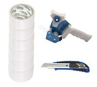 D.RECT Derouleur pour Ruban Adhesif avec 6 Rouleaux De Ruban Transparent 50m x 48mm - Inclus Cutter à Cartouche 18 mm avec Poignée Paoutchoutée