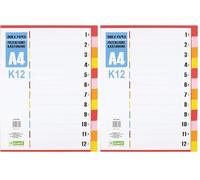 D.RECT Intercalaires pour A4, K12, 12 intercalaires, onglets à anneaux, onglets avec impression de chiffres 1-12, multicolores, séparateurs de couleur en carton (Lot de 2)