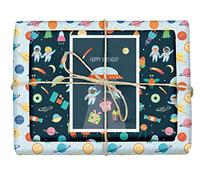 dabelino® Lot de papier cadeau pour enfants « Espace/astronaute » pour garçons et filles : 4 feuilles + 1 carte (espace, fusée, ovni, astronomie, anniversaire, papier recy leu)