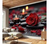 DACRWEKZ 3D Papier Peint Panoramique, 250x175cm Soie Papier Peint Fleurs Romantiques Bougie Rose Goutte D'Eau Décorations Murales pour Enfant Chambre, Salon, Poster Mural XXL Grande Affiche Rouge