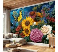 DACRWEKZ 3D Papier Peint Panoramique, 350x256cm Soie Papier Peint Fleurs Réalistes Tournesol, Papillon, Rose Décorations Murales pour Enfant Chambre, Salon, Poster Mural XXL Grande Affiche Jaune Bleu
