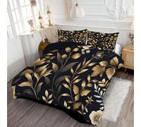 DACRWEKZ Couette 240 x 220 cm pour lit 2 Personne - Plantes de Luxe Feuilles dorées Microfibre Douce Couette Réversible avec 2 Taies d'oreiller 65x65 cmNoir et Or