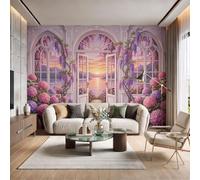 DACRWEKZ Jardin rétro 3D Papier Peint Panoramique 450x315cm|Arche Lac Wisteria Papier Peint Mural Art - Rose-violet Poster Photo Fresque Mural Décoratif
