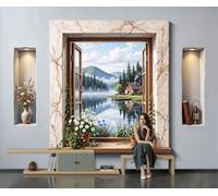 DACRWEKZ Papier Peint Mural Salon - Vue de fenêtre fraîche - 350x256cm Papier Peint Panoramique soie Moderne, Maison en bois du lac Mountain Mist Décoration Murale 3D Tapisserie Photo Gris clair