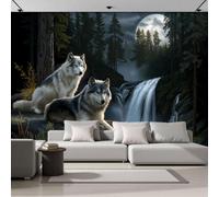 DACRWEKZ Papier Peint Panoramique Animaux sauvages 350x256cm (LxH) | Poster Géant Mural Forêt de Wolf Falls Décoration - Murale Intissé Pour Salon, Chambre, Toile Fond TV Gris-noir