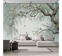 DACRWEKZ Papier Peint Panoramique Artistique 350x256cm - Revêtement Mural Décoration Chambre Salon - Peinture à l'encre chinoise - Vert clair - Arbres et oiseaux - Pour Chambre d'enfant Décoration