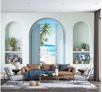 DACRWEKZ Papier peint panoramique moderne 300x210cm - Revêtement mural décoration pour chambre salon - Design unique et moderne - Brise tropicale de l'océan Porte en bois Aloès de plage - Cyan