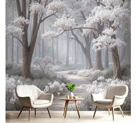 DACRWEKZ Papier Peint Panoramique Paysage forestier Fleurs blanches dans la forêt brumeuse, Fresque Murale Soie - Décoration Murale Pour Salon, Chambre, Bureau - Gris clair 250x175cm (non adhésif)