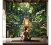 DACRWEKZ Papier Peint Panoramique Paysage paisible et zen 300x210cm Décoration murale | Tapisserie décorative pour chambre salon, Vert foncé Lanterne du lac aux feuilles de lotus, moderne