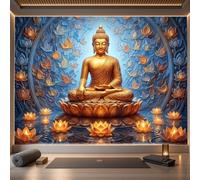 DACRWEKZ Papier Peint Panoramique Style religieux fantastique 200x140cm Décoration murale | Tapisserie décorative pour chambre salon, Or bleu Piscine de la statue du Bouddha Lotus, moderne