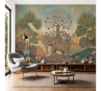 DACRWEKZ Papier peint photo Soie, Exotique Éléphant, grenadier, lune, 250x175cm | Papier peint Soie de haute qualité, pour salon et chambreGris-vert