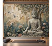 DACRWEKZ Papier peint photo Soie, Style rétro vieilli Statue de Bouddha, lotus, arbre de la Bodhi, 250x175cm | Papier peint Soie de haute qualité, pour salon et chambrebrun-vert