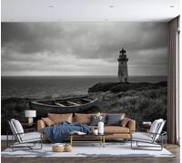 DACRWEKZ Papier Peint soie Paysage rétro sombre 250x175cm Papier Peint Panoramique Bateau de pêche du phare de la falaise poster Mural Photo pour Salon, Chambre, Décor Fond TV, Gris foncé