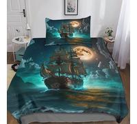 DAFUfbw Pirate Boat Housse De Couette Single（135x200cm）, Doux Et Souple Confortable Sailboat Pleine Lune Linge De Lit, Respirant Parure De Lit Hygroscopique Literie