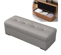 DAJIAYIQI Banc Rangement Cuir Vache véritable, Coffre Rabattable Grand Espace, Repose-Pieds rembourré Robuste 330 Livres, Banc Bout de lit pour entrée et Chambre(Gray,L-59.1in)