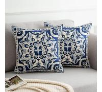 DakTou Housse de Coussin 50x50 Boho Bohème Rétro Datura Fleur Bleu Taies d'oreiller Décoratif Housse Coussin en Lin Lot de 2 pour Canapé Lit Jardin Extérieur Interieur Décoration de la Maison