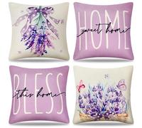 DakTou Housses de Coussin Violettes Taie d'oreiller Décorative Florale Housse Coussin en Lin Lavande Carrée pour Canapé Jardin Patio Extérieur ou Intérieur Lot de 4 Housses Coussin Printemps été
