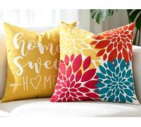 DakTou Lot de 2 Housse Coussin Canapé 50x50 à Motif de Fleurs Dahlia en Jaune Cyan Rouge et Orange. Housses de Coussins Écoratifs en Peluche Courte Doux comme du Velours, pour Decoration Maison Salon