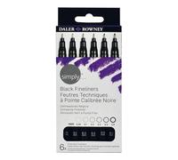 Daler-Rowney Simply Black Lot de 6 stylos à pointe fine pour illustration, dessin, résistant à l'eau, idéal pour les artistes débutants et amateurs