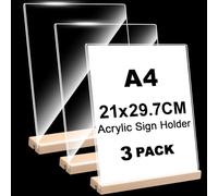 Daletu Lot de 3 présentoirs A4 en bois en forme de L & T double face | Présentoir photo transparent A4 en acrylique avec pied en bois et bandes en silicone pour cartes de menu, prospects, café