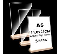 Daletu Lot de 3 présentoirs A5 en bois en forme de L & T double face | Présentoir photo transparent A5 en acrylique avec pied en bois et bandes en silicone pour publicité, restaurant, café, bureau