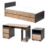 DALIA Chambre enfant adolescent avec lit, chevet, Bureau Anthracite/Chêne