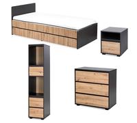 DALIA Chambre enfant adolescent avec lit, chevet, Commode, Etagère Anthracite/Chêne